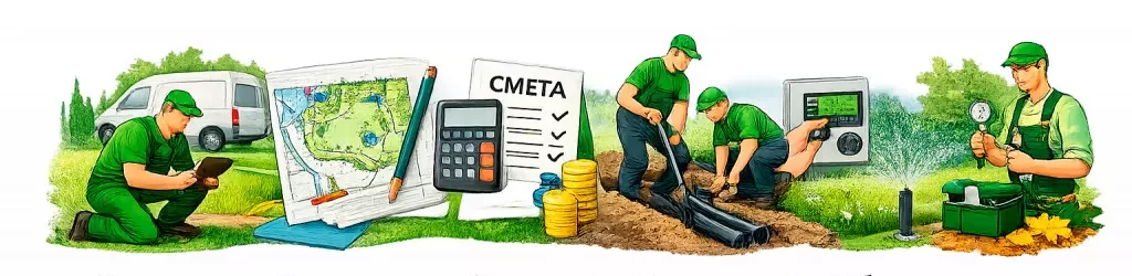Этапы работ по монтажу автополива в Самаре: выезд, проект, смета, монтаж, обслуживание